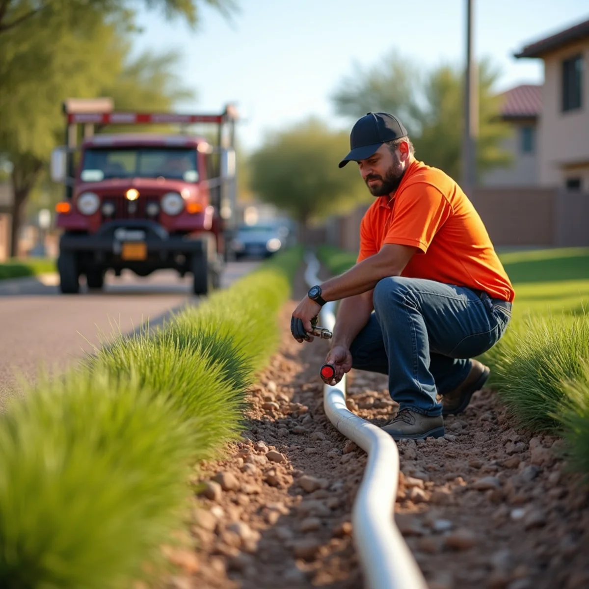 A cracked PVC irrigation mainline leaking water into decomposed granite in a Mesa, AZ front yard during summer