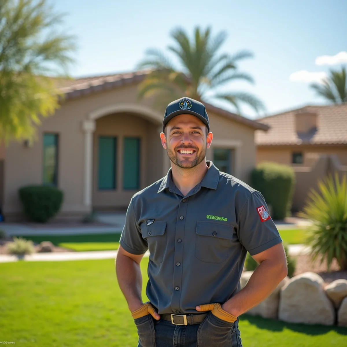 A well-maintained commercial landscape bed with desert plants at a business park in Mesa, AZ