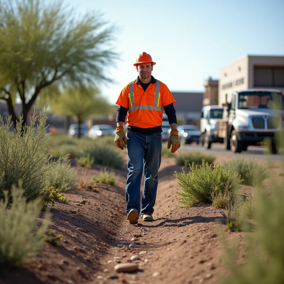Downed branches and storm debris scattered across a commercial parking lot in Tempe, AZ after a monsoon storm