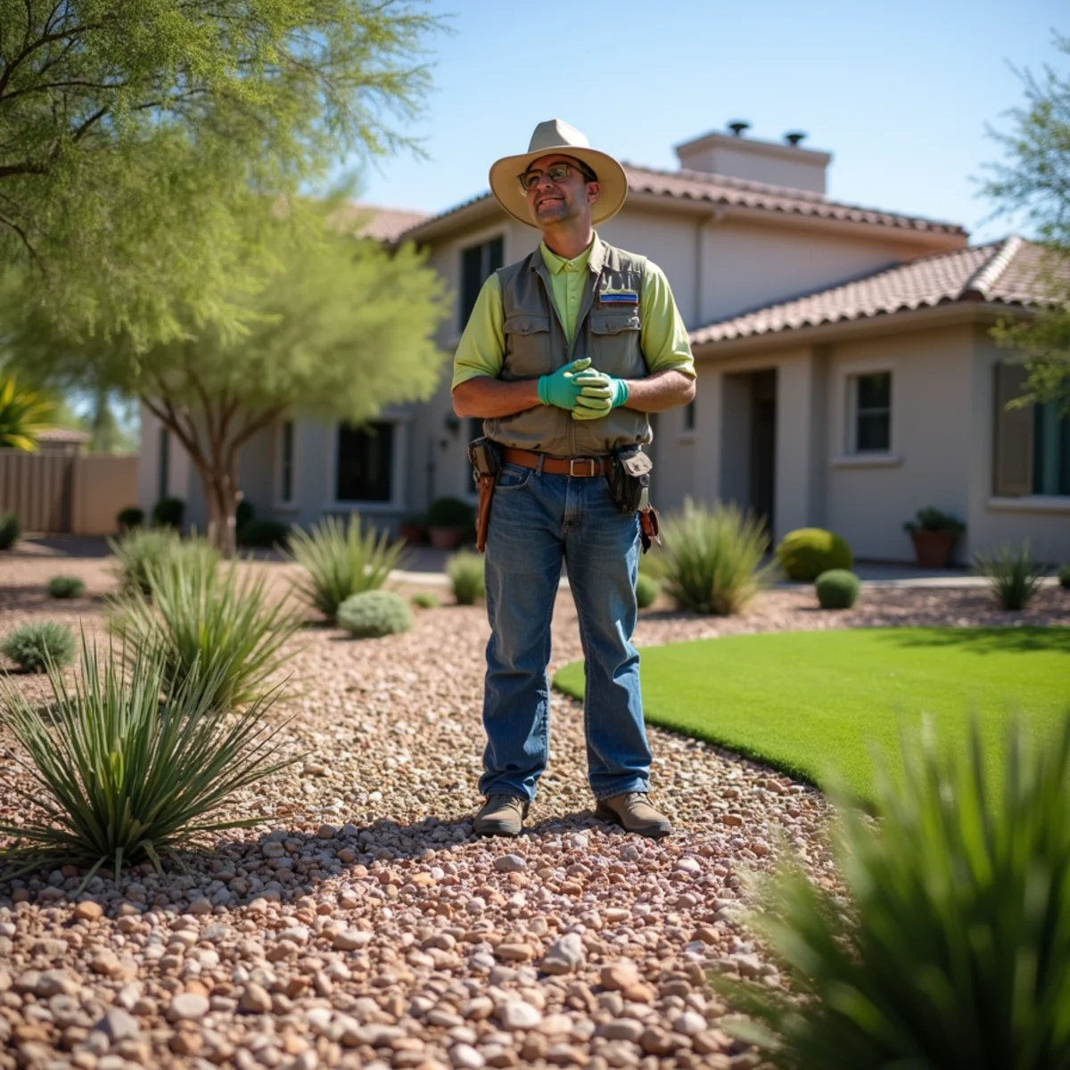 Front yard grass being converted to desert gravel landscaping with drought-tolerant plants in Mesa, AZ