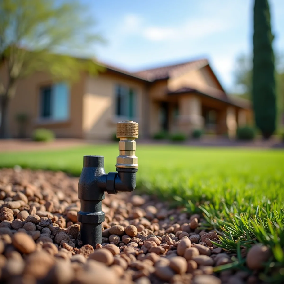 Close-up of a drip irrigation emitter and valve manifold being inspected in a Mesa, AZ landscape bed