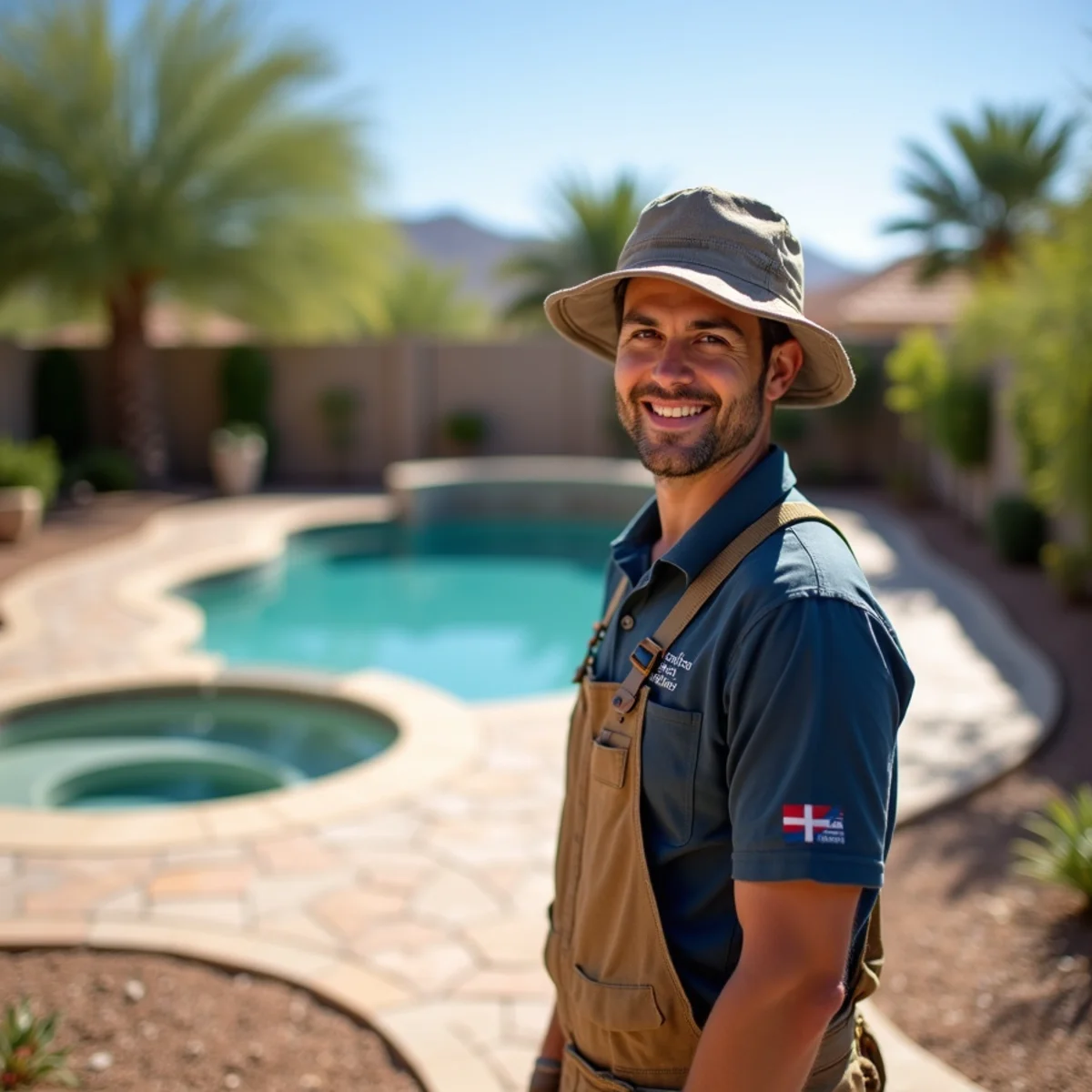 Freshly installed travertine pool deck and paver patio in a backyard in Mesa, AZ