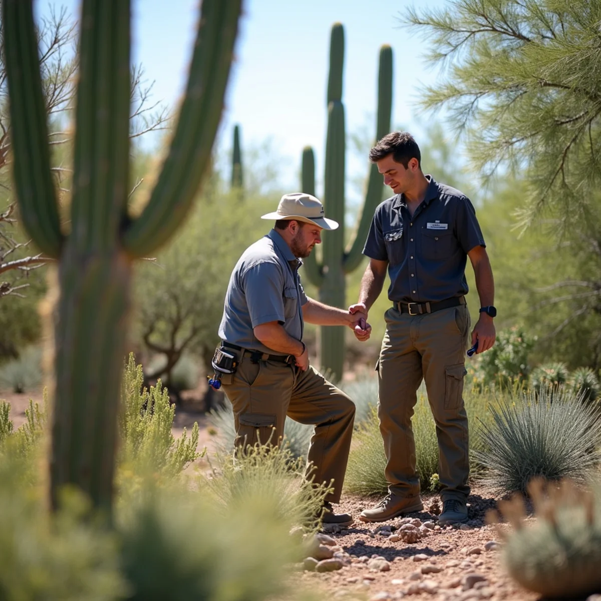 Close inspection of a saguaro cactus trunk showing early signs of bacterial necrosis in Maricopa County, AZ