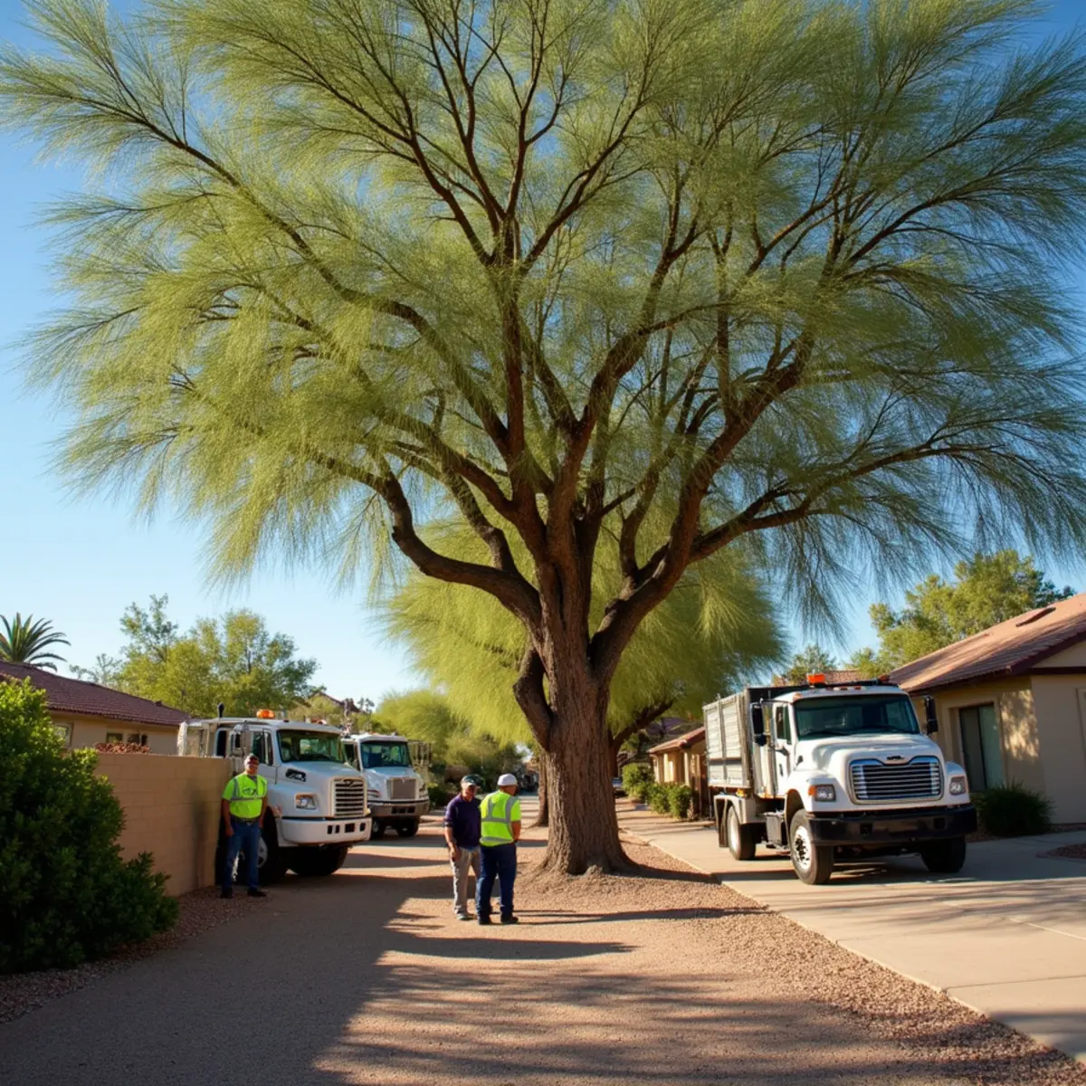 A landscaper thinning the canopy of a palo verde tree before monsoon season in a Scottsdale, AZ yard