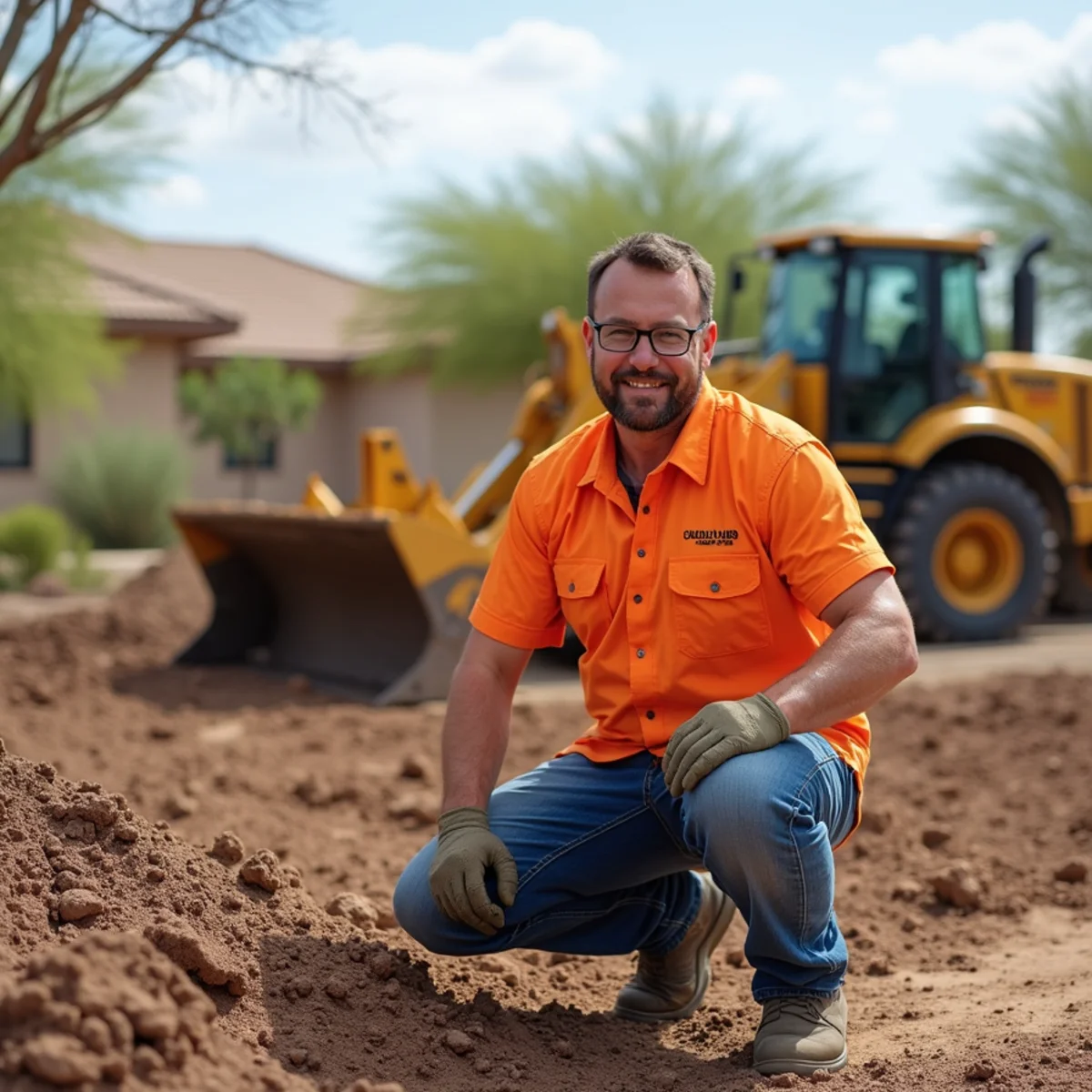 A jackhammer breaking through a hard caliche soil layer during a planting hole excavation in Mesa, AZ