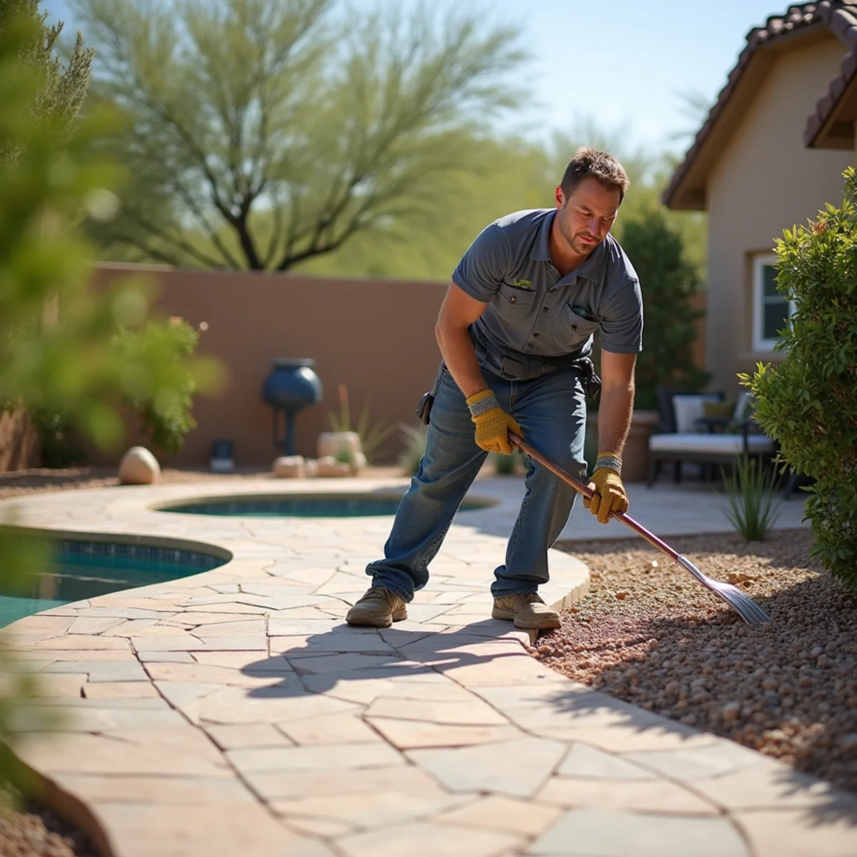 A textured, slip-resistant travertine pool deck at a Scottsdale, AZ property with proper sealing