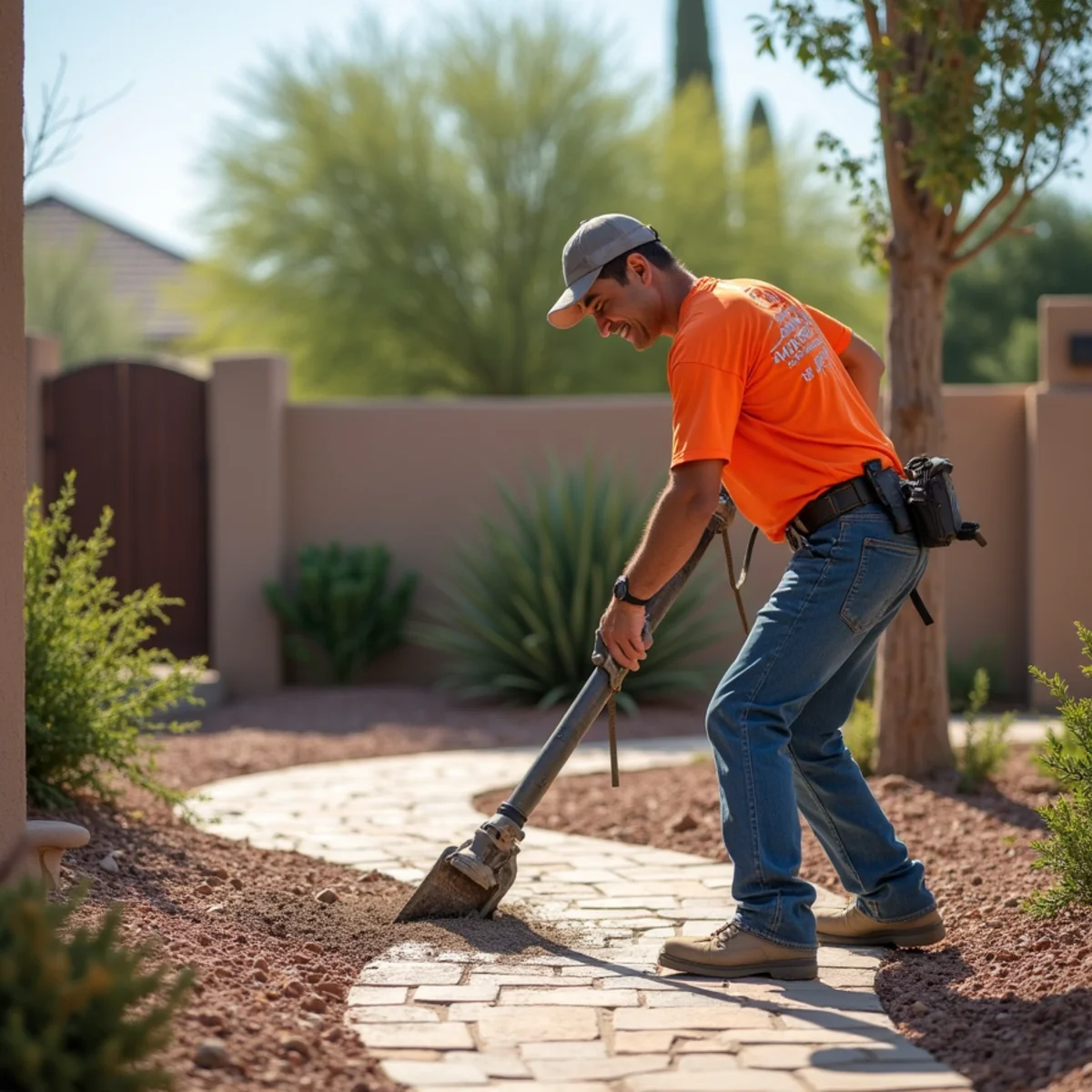 Uneven, sunken pavers on a patio in Chandler, AZ after monsoon season settling