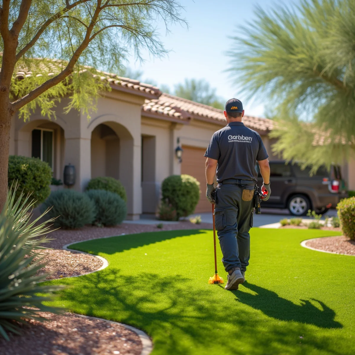 A homeowner performing spring desert landscape cleanup and pre-emergent weed treatment in a Mesa, AZ front yard