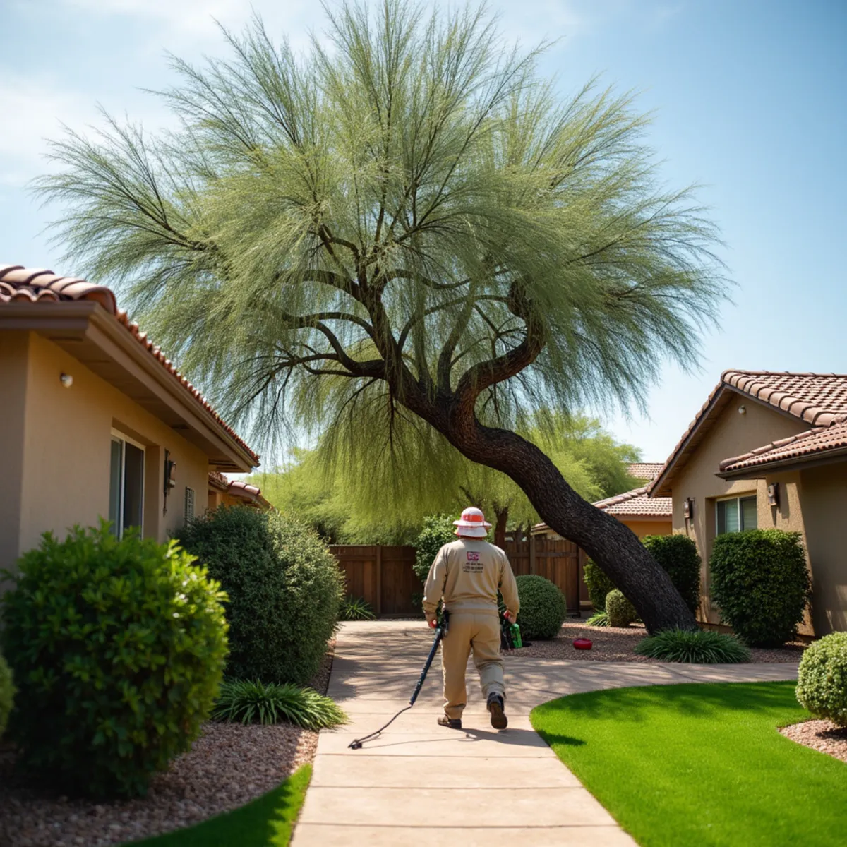 A palo verde tree toppled onto a block wall after a monsoon microburst in a Mesa, AZ backyard