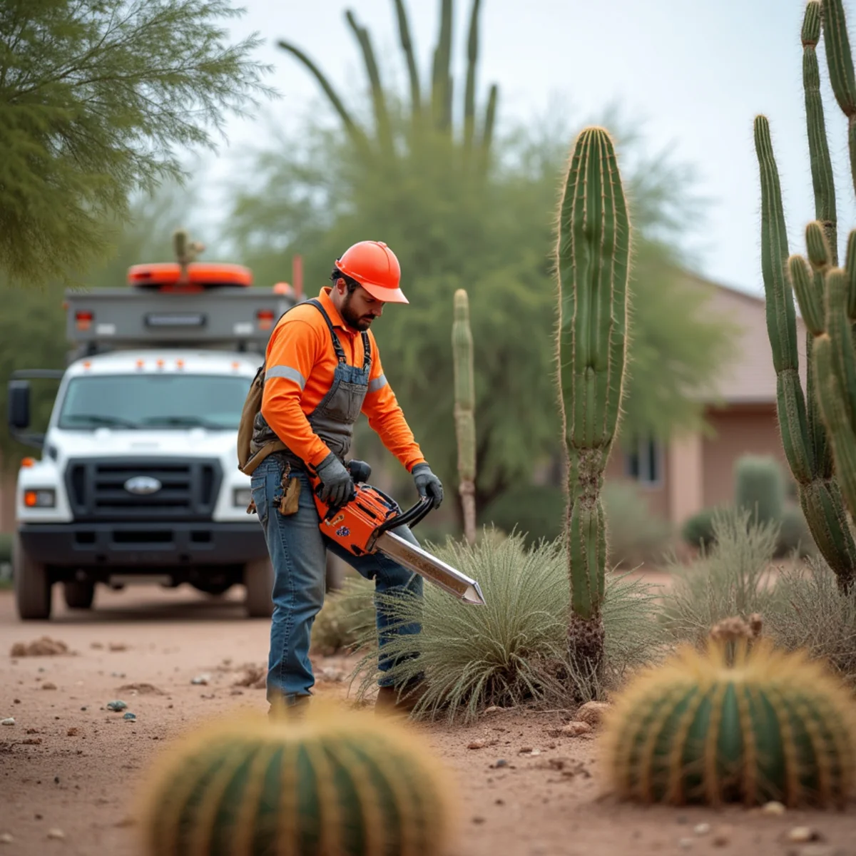A large saguaro cactus toppled onto a driveway after a monsoon storm in Maricopa County, Arizona