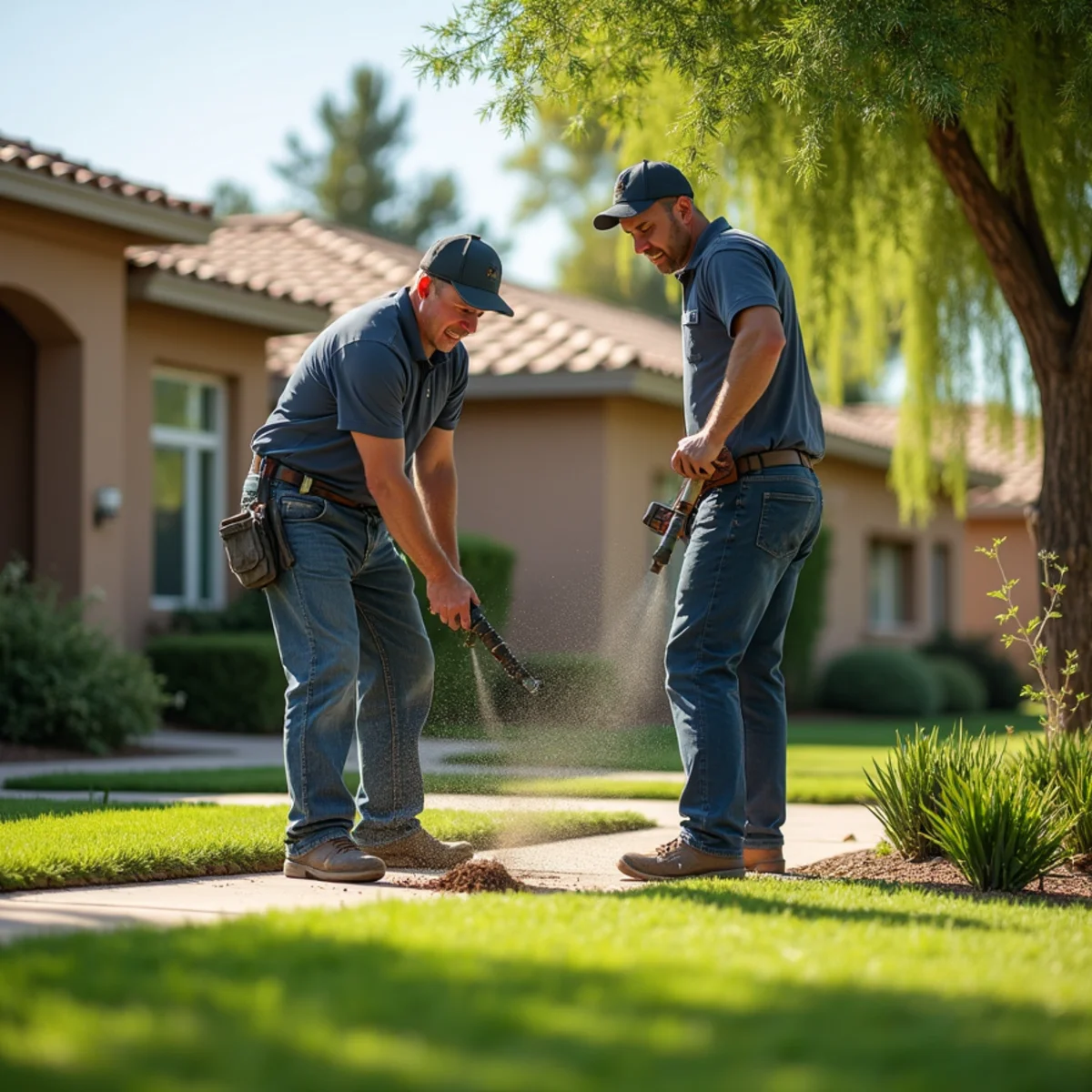 Commercial crew maintaining a Mesa AZ shopping plaza landscape