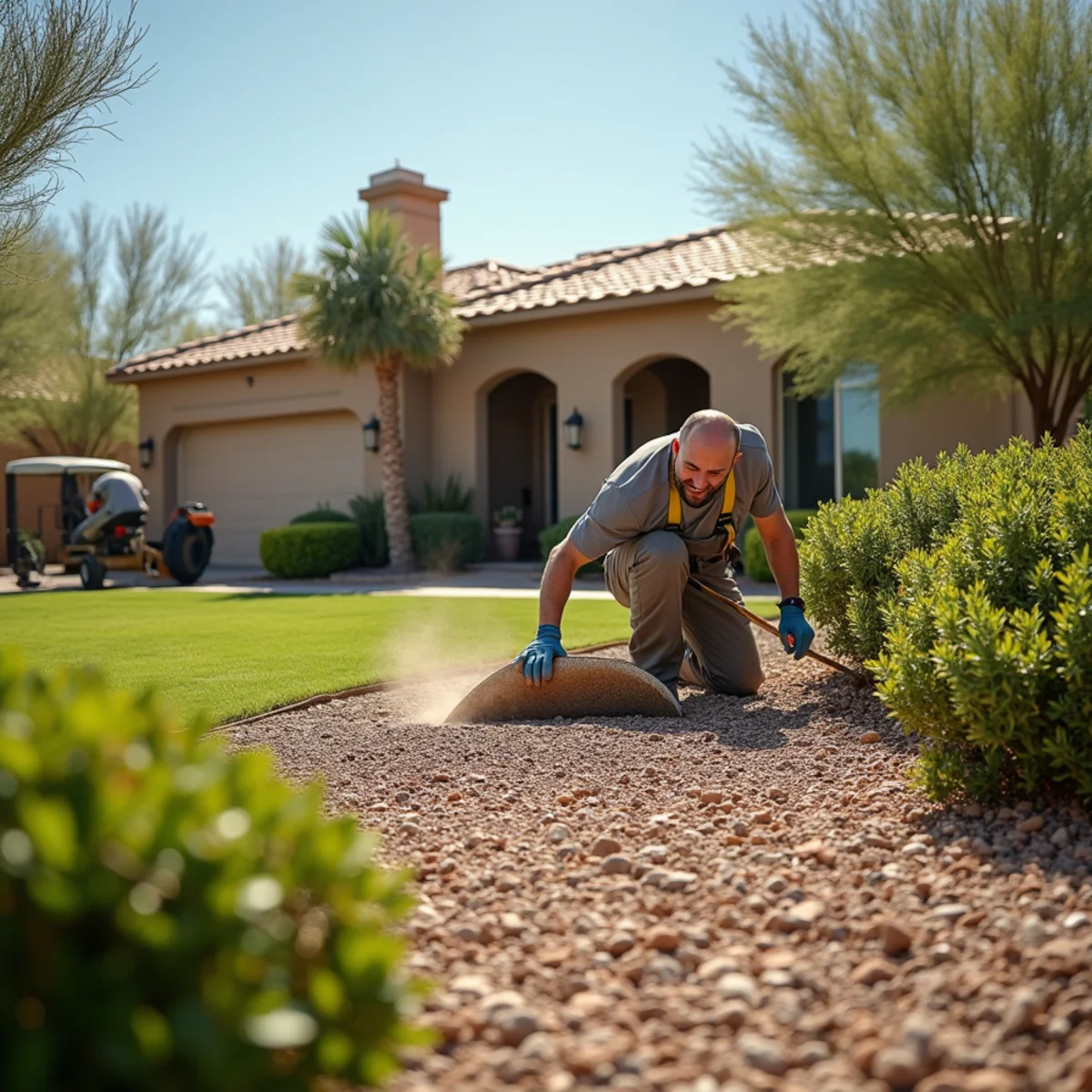 YardGuy4Hire crew raking decomposed granite in a Mesa AZ desert yard