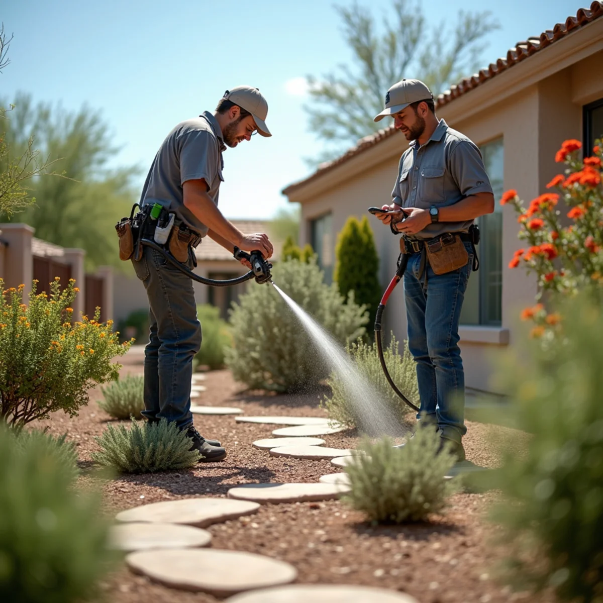 New drip irrigation line and emitters installed at a Mesa AZ desert planting bed