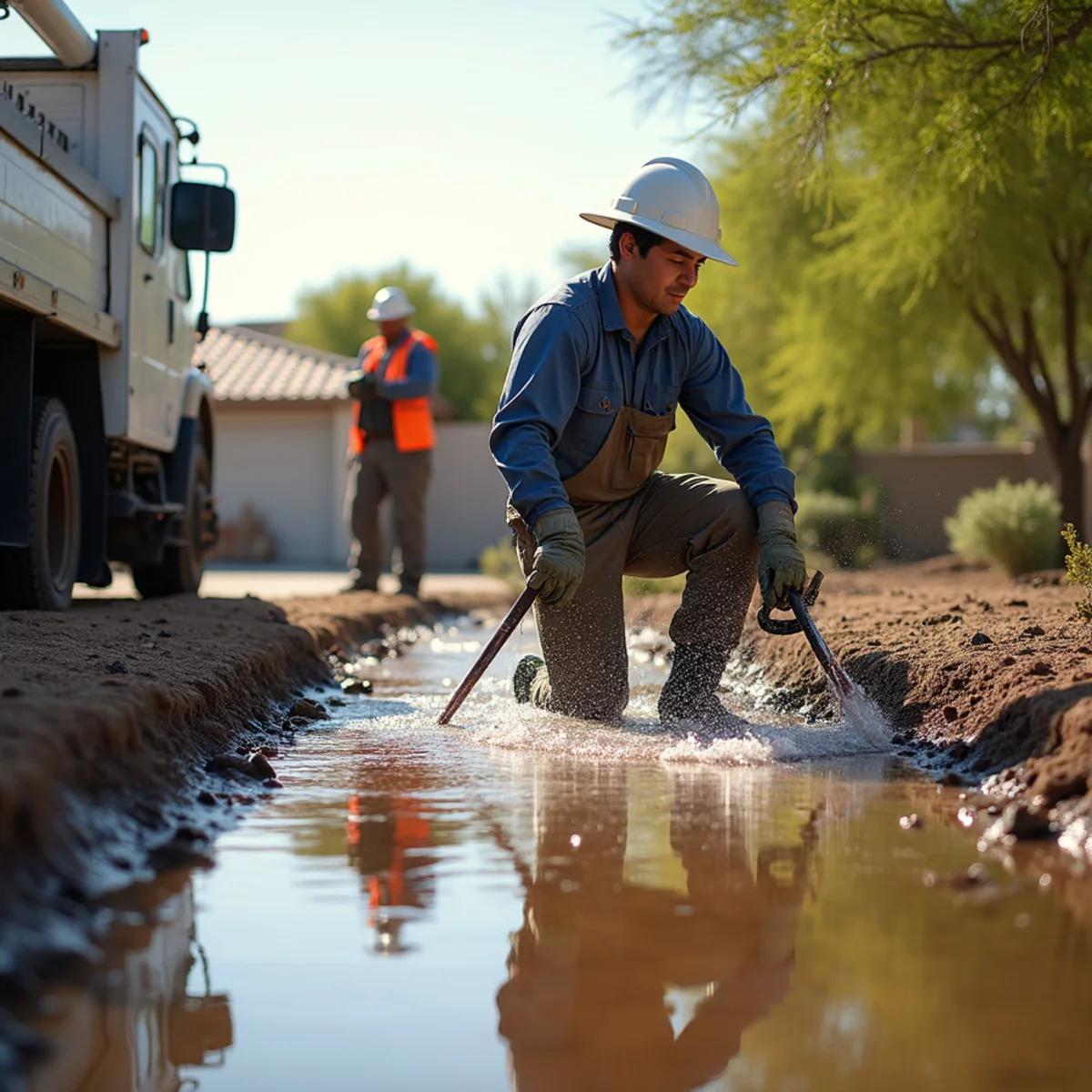 Excavating and repairing a burst irrigation main line in a Mesa AZ yard
