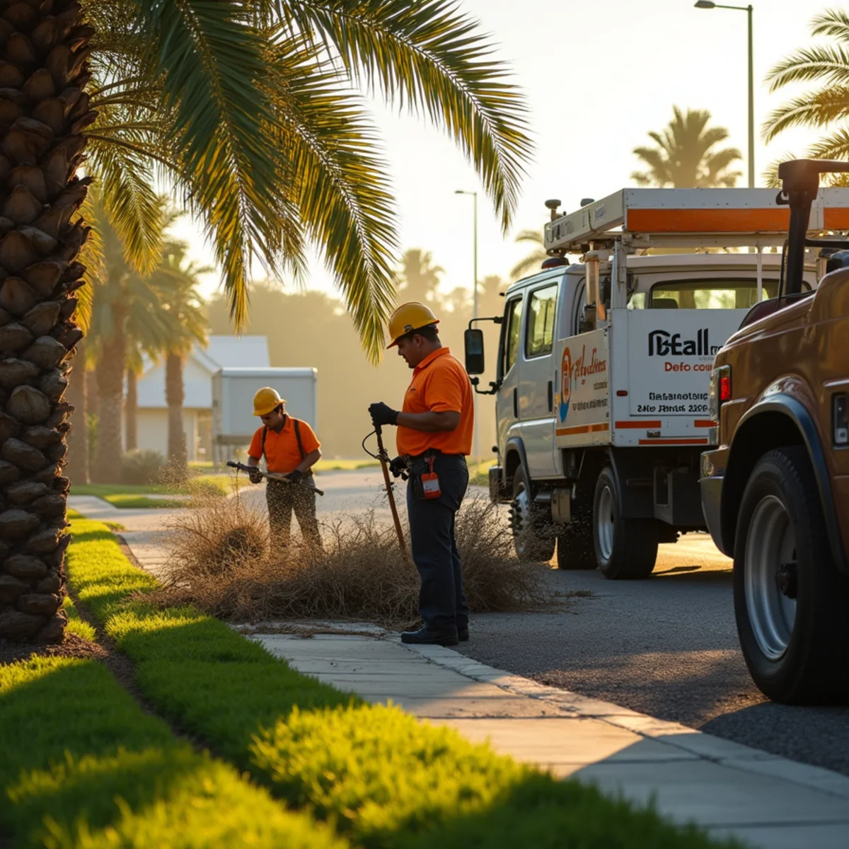 YardGuy4Hire crew clearing fallen monsoon storm debris at a Mesa AZ home at night