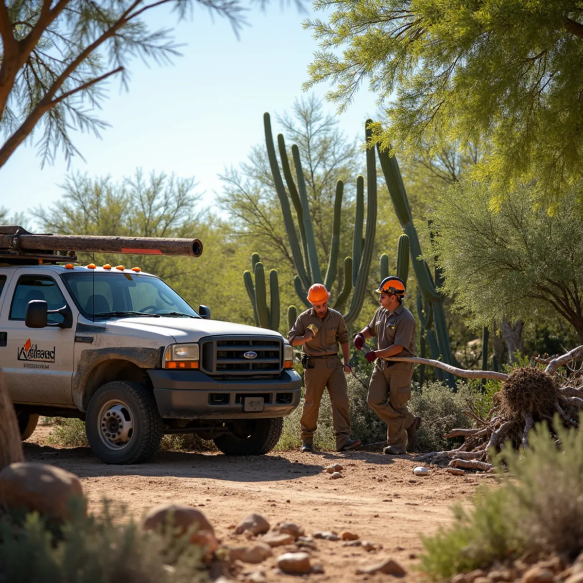 Crew removing a large fallen palo verde tree from a Mesa AZ yard after a storm