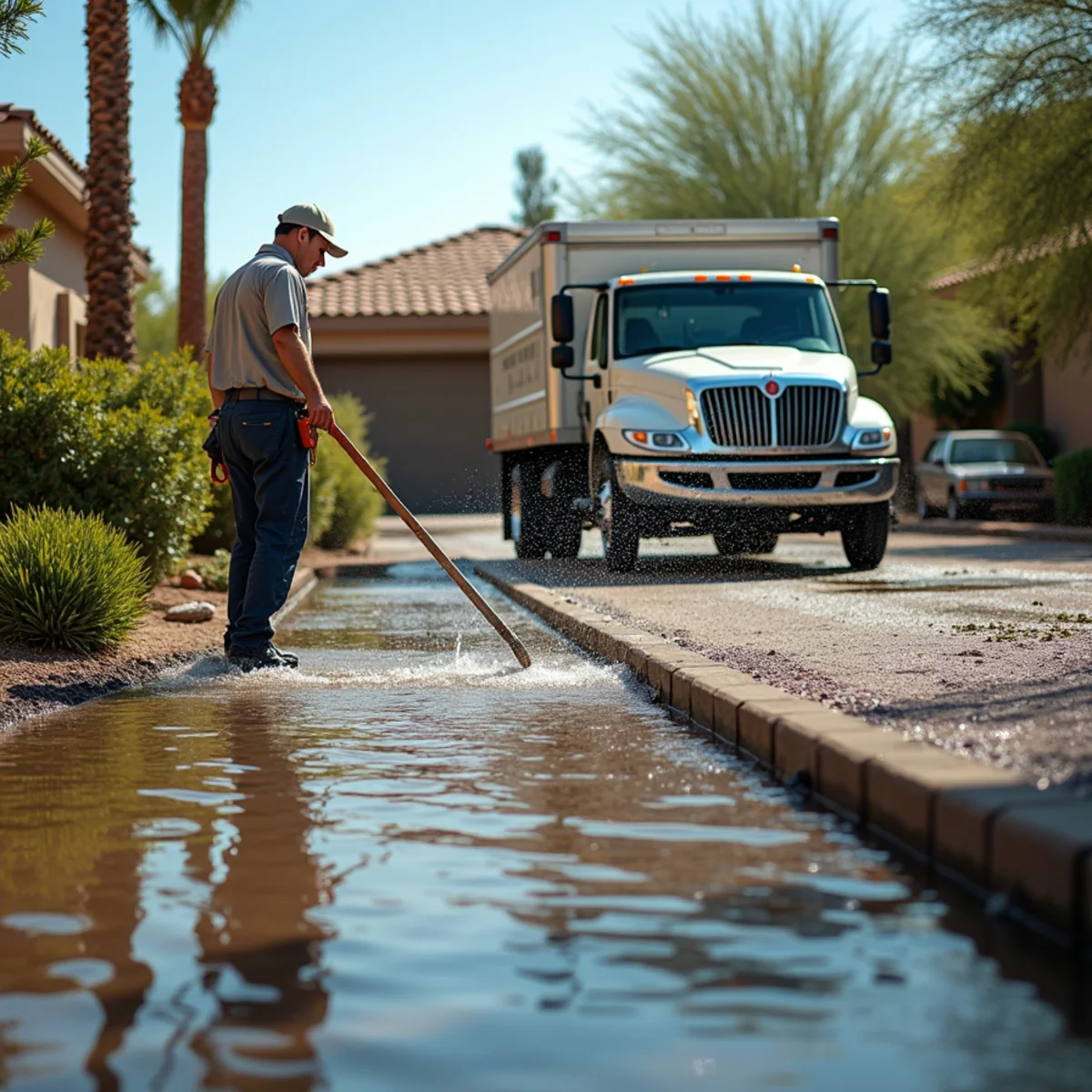 Pump removing monsoon flood water from a flooded Mesa AZ backyard