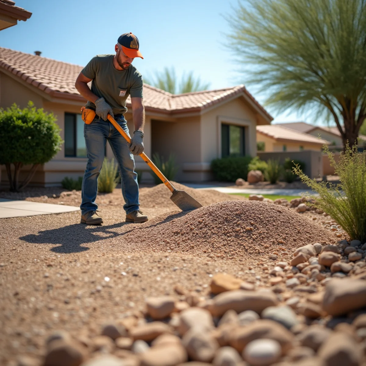 Fresh decomposed granite installation with weed barrier in a Mesa AZ front yard