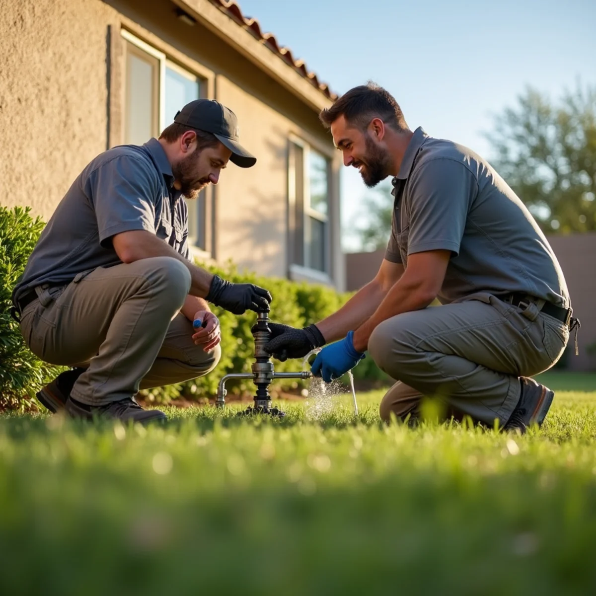 Technician repairing a drip irrigation valve manifold in a Mesa AZ yard