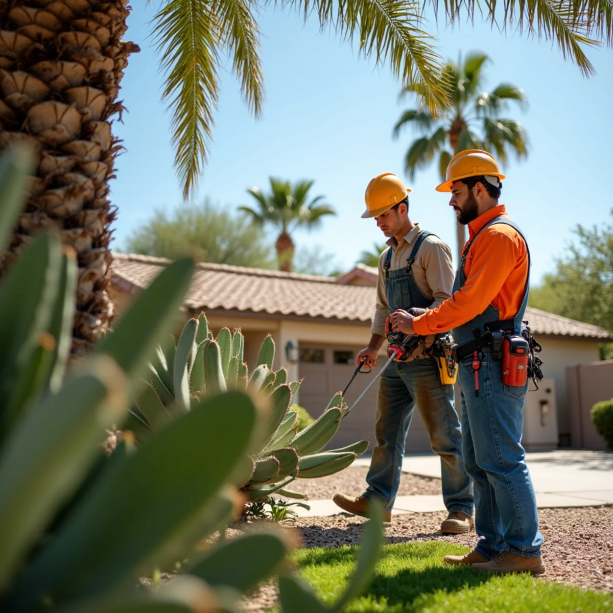 Arborist trimming tall fan palms at a Mesa AZ property with a lift