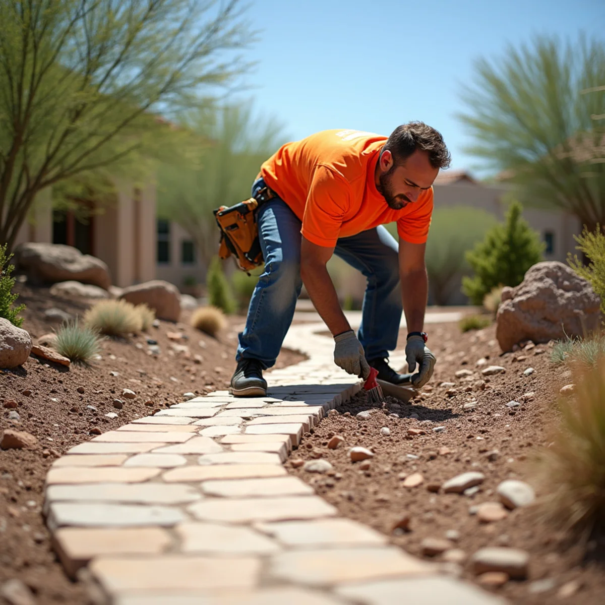 Newly installed travertine paver pool deck at a Mesa AZ home by YardGuy4Hire