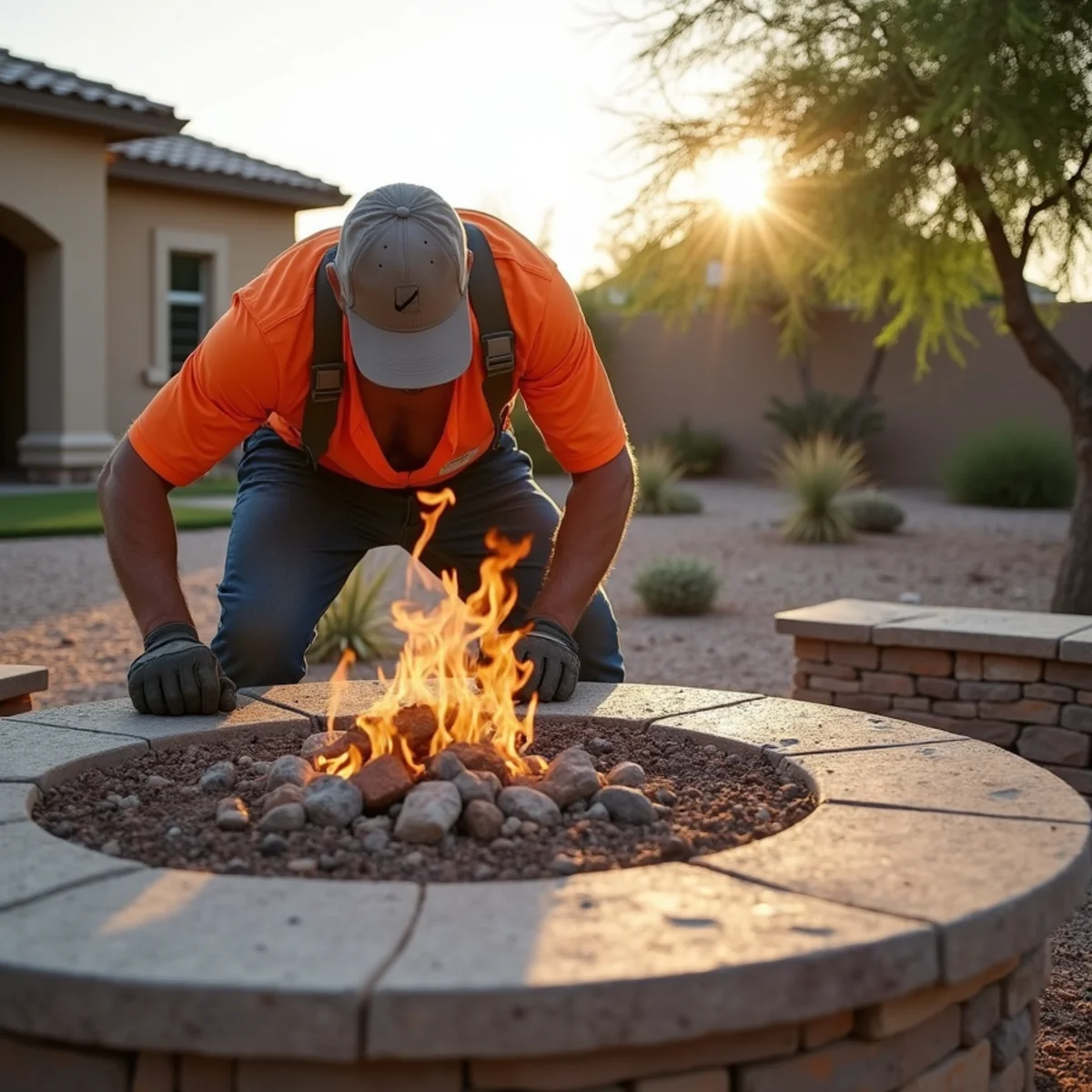 Custom gas fire pit and paver seating area in a Mesa AZ backyard at dusk