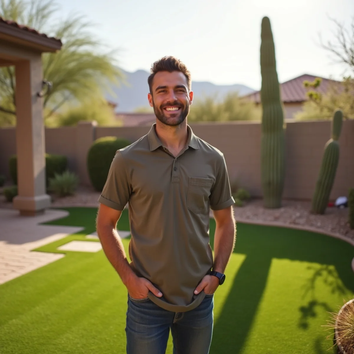 Happy homeowner in a freshly landscaped Mesa, AZ desert backyard