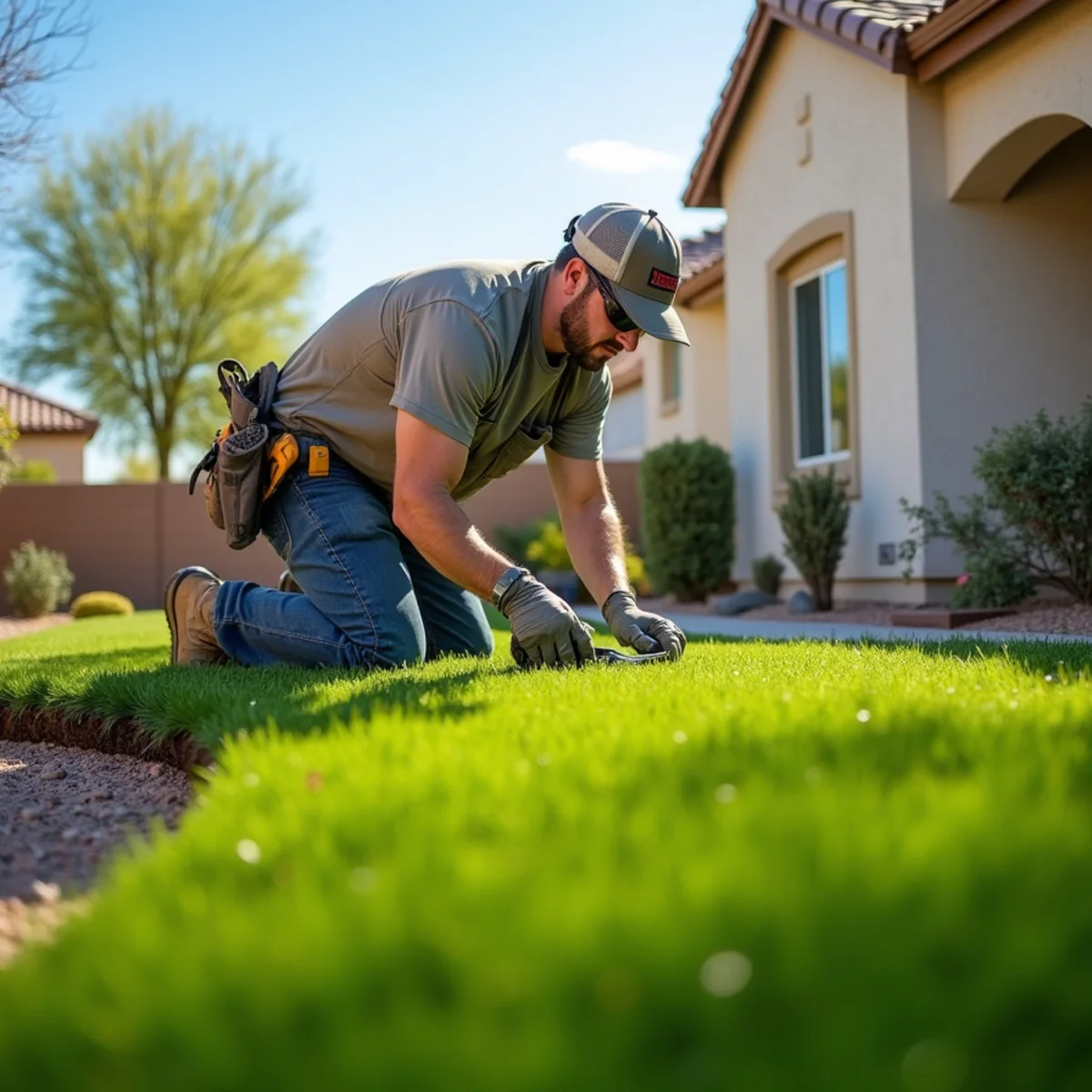 Fresh rolls of Bermuda sod being laid on a prepared Mesa AZ lawn